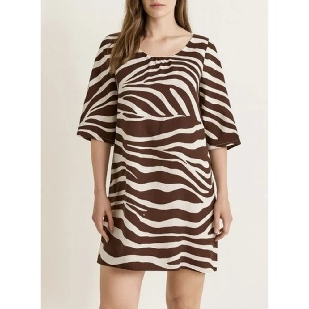 Boden 100% Linen Mini Shift Dress Size 2 Brown Zebra Animal Print Safari